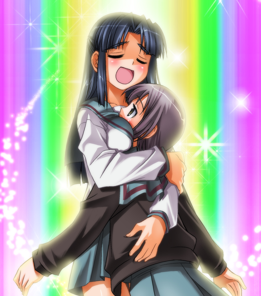 asakura_ryouko bad_id between_breasts blue_eyes blue_hair cardigan hug lavender_hair lens_flare long_hair multiple_girls nagato_yuki rainbow school_uniform short_hair suzumiya_haruhi_no_yuuutsu umekichi yuri