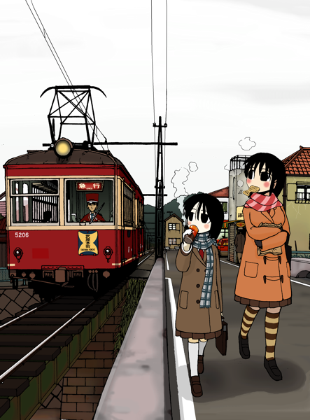 eating food long_hair nkmt original pantyhose scarf striped striped_legwear taiyaki train tram wagashi