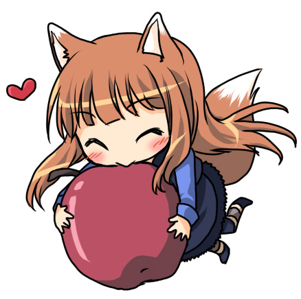 apple apples bad_id brown_hair chibi food fruit heart holo long_hair lowres nekono_osero spice_and_wolf tail wolf_ears