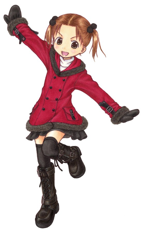 arms_spread boots brown_hair bu-n coat gloves gotou_hisashi green_eyes hair_bobbles hair_ornament ichigo_mashimaro knee_boots matsuoka_miu mittens outstretched_arms scarf short_twintails skirt spread_arms thigh-highs thighhighs traditional_media twintails zettai_ryouiki