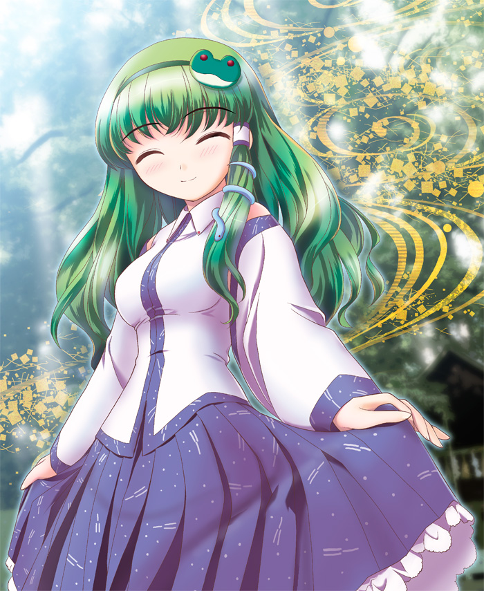 curtsey green_hair kochiya_sanae skirt skirt_hold smile touhou yamaguchi_takashi yamaguchi_yuu