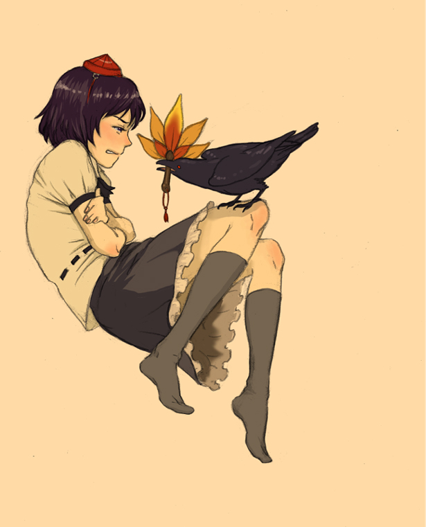 bird_on_leg birds black_hair crow feet fetal_position hat kobushi shameimaru_aya short_hair skirt socks touhou