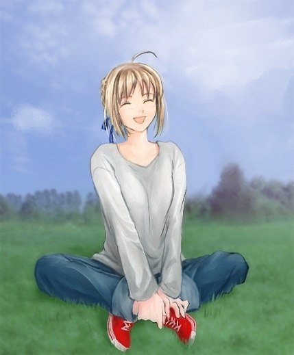 blonde_hair casual crossed_legs fate/stay_night fate_(series) grass hair_ribbon happy indian_style laughing legs_crossed ribbon ribbons saber shoes sitting smile sneakers t-shirt