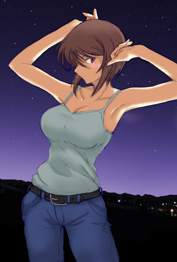 armpits arms_up breasts brown_hair casual cleavage heterochromia jeans rozen_maiden short_hair souseiseki tank_top