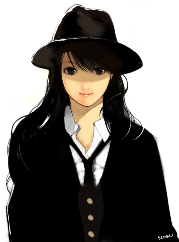 brown_eyes face fedora hat long_hair necktie nobusnow