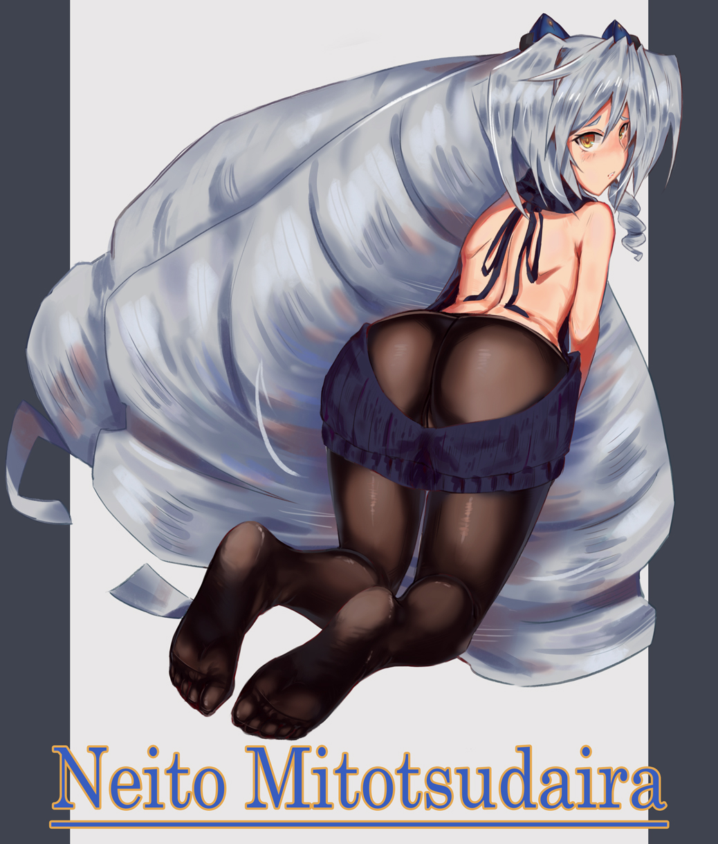 1girl :/ all_fours arched_back ass black_legwear blush character_name chiwa_(tsugumisky) crotch_seam drill_hair feet from_behind full_body grey_background grey_hair hair_between_eyes highres kyoukaisenjou_no_horizon long_hair looking_back nate_mitotsudaira no_shoes orange_eyes pantyhose parted_lips soles solo toes very_long_hair virgin_killer_sweater
