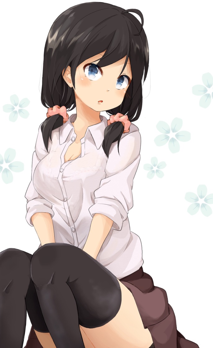 1girl :o ahoge black_hair blue_eyes blush bra breasts cleavage floral_background hair_ornament hair_scrunchie hoojiro_(found1093) long_hair looking_at_viewer low_twintails open_mouth original scrunchie see-through sitting skirt solo thigh-highs twintails underwear