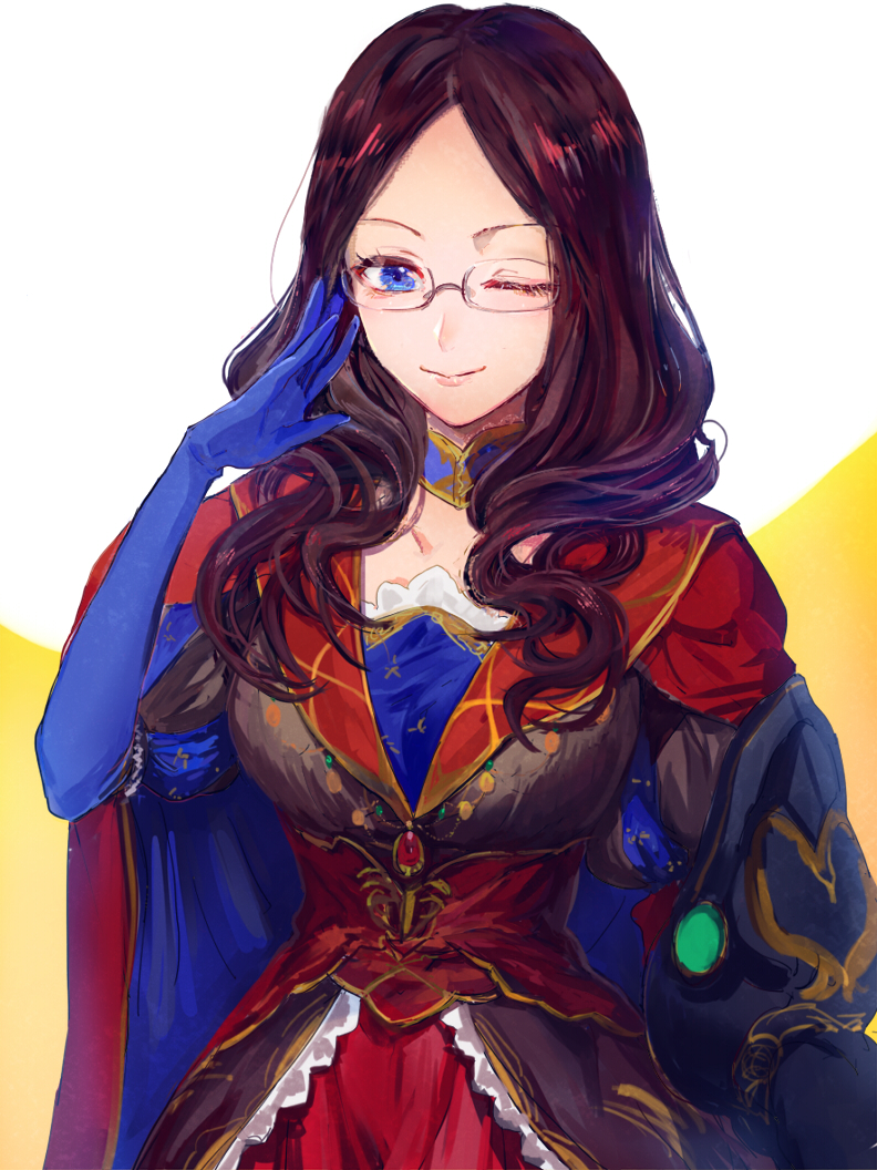 1girl adjusting_glasses artist_request blue_eyes blue_gloves breasts brown_hair cape collarbone detached_collar dress elbow_gloves fate/grand_order fate_(series) gauntlets glasses gloves leonardo_da_vinci_(fate/grand_order) long_hair one_eye_closed puffy_sleeves smile snnoa_ha solo