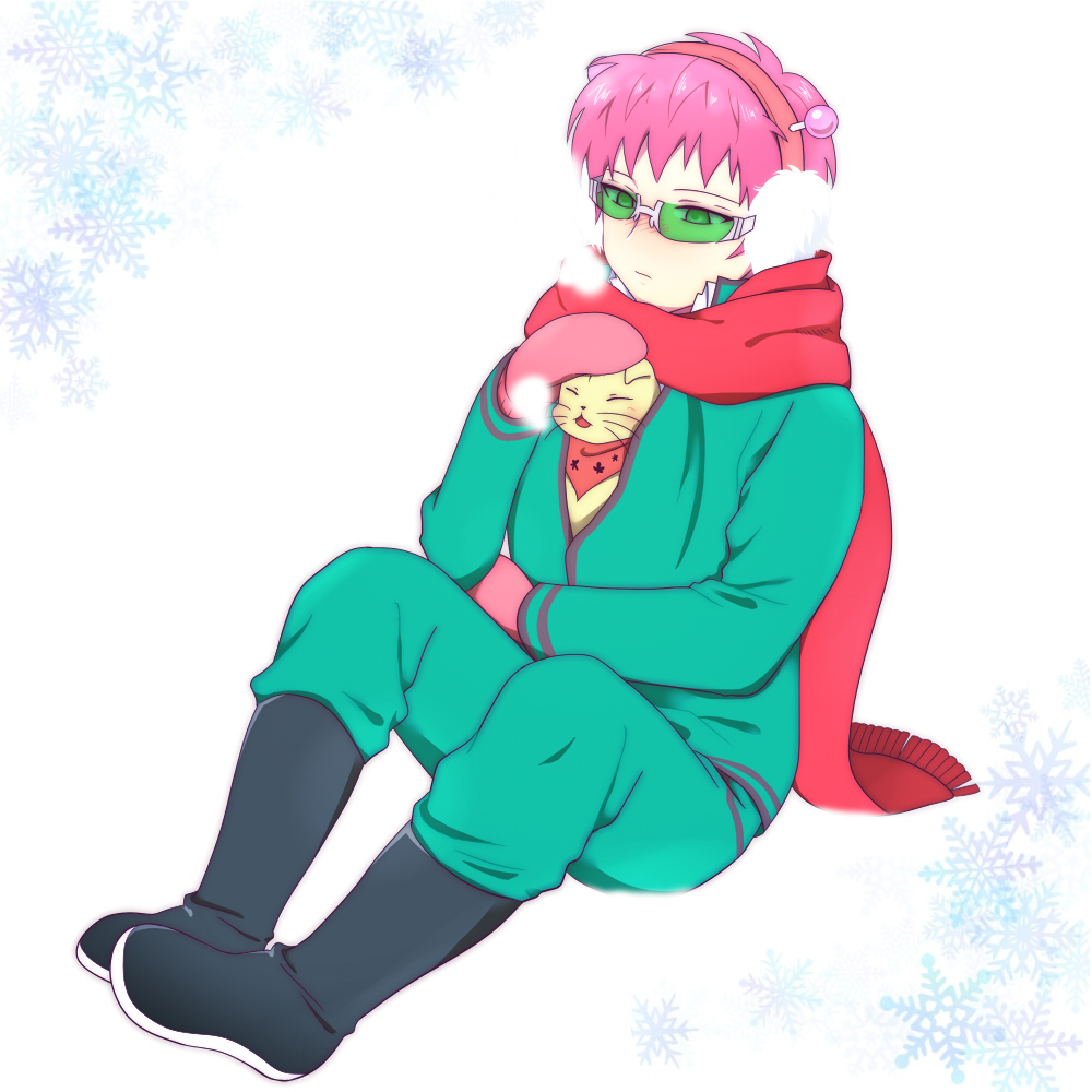 1boy anpu blush boots cat earmuffs full_body headgear jumpsuit koro_(koinori) mittens petting pink_hair red_scarf saiki_kusuo saiki_kusuo_no_psi_nan scarf short_hair snowflakes sunglasses winter_clothes