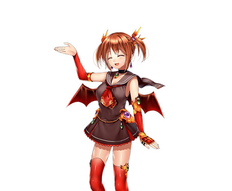 1girl :d arm_warmers black_skirt brown_hair choker closed_eyes dragon_providence earrings gem hair_ornament hand_up jewelry ladon_(dragon_providence) official_art open_mouth red_legwear school_uniform serafuku short_twintails skirt smile solo standing thigh-highs twintails wings
