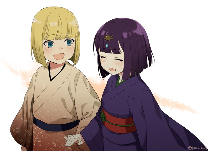 1boy 1girl blonde_hair closed_eyes fate/apocrypha fate/grand_order fate_(series) horns japanese_clothes kana kimono oni oni_horns open_mouth purple_hair sakata_kintoki_(fate/grand_order) short_hair shuten_douji_(fate/grand_order) smile younger