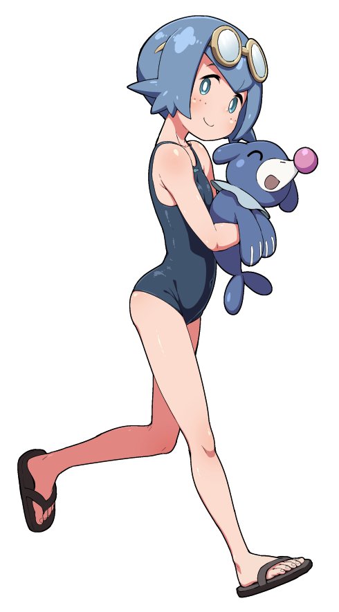 1girl ^_^ ^o^ bare_legs bare_shoulders blue_eyes blue_hair blush breasts closed_eyes closed_mouth covered_navel feet full_body goggles goggles_on_head hips holding legs looking_at_viewer one-piece_swimsuit open_mouth pokemon pokemon_(anime) pokemon_sm_(anime) popplio running short_hair simple_background slippers small_breasts smile solo suiren_(pokemon) swimsuit torathi trial_captain white_background