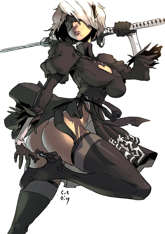 1girl artist_name ass black_boots black_dress black_gloves black_hairband black_legwear blindfold boots breasts cleavage_cutout covered_eyes cowboy_shot dress from_side gloves hairband hand_up high_heel_boots high_heels highleg highleg_leotard holding holding_sword holding_weapon juliet_sleeves katana large_breasts leg_up leotard logicfun long_sleeves mole mole_under_mouth nier_(series) nier_automata nose one_leg_raised open-back_dress over_shoulder parted_lips pink_lips puffy_sleeves short_dress short_hair side_slit signature silver_hair solo standing standing_on_one_leg sword thigh-highs thigh_boots thong_leotard turtleneck vambraces weapon weapon_over_shoulder white_hair white_leotard yorha_no._2_type_b