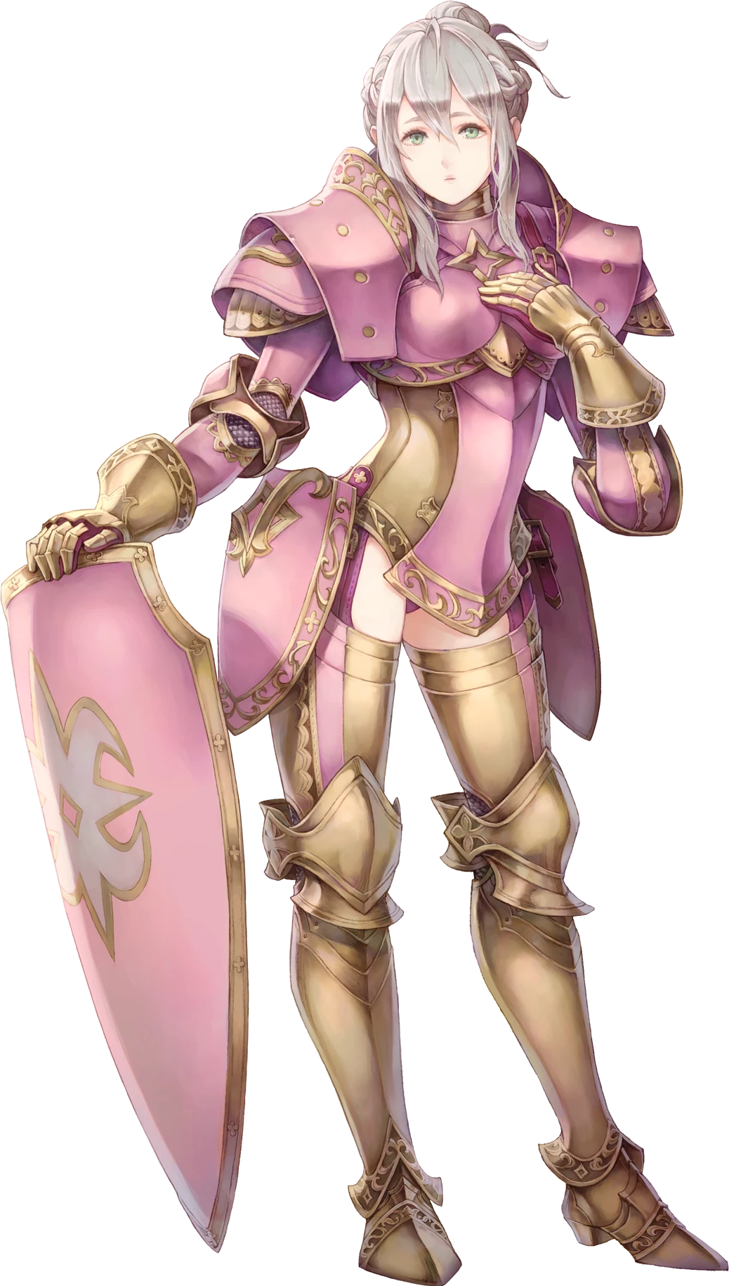 1girl armor artist_request boots breastplate elfie_(fire_emblem_if) expressionless fire_emblem fire_emblem_heroes fire_emblem_if full_armor gauntlets hair_bun hand_on_own_chest highres lips pink_armor shield shoulder_armor sidelocks silver_hair solo spaulders thigh-highs thigh_boots