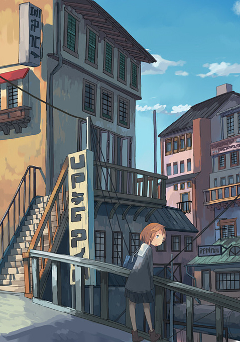 1girl ankle_boots bag balcony blue_eyes boots brown_hair building city clouds day looking_down looking_to_the_side open_mouth original outdoors railing scenery school_bag school_uniform serafuku shadow short_hair sign sky solo stairs wu_ba_pin