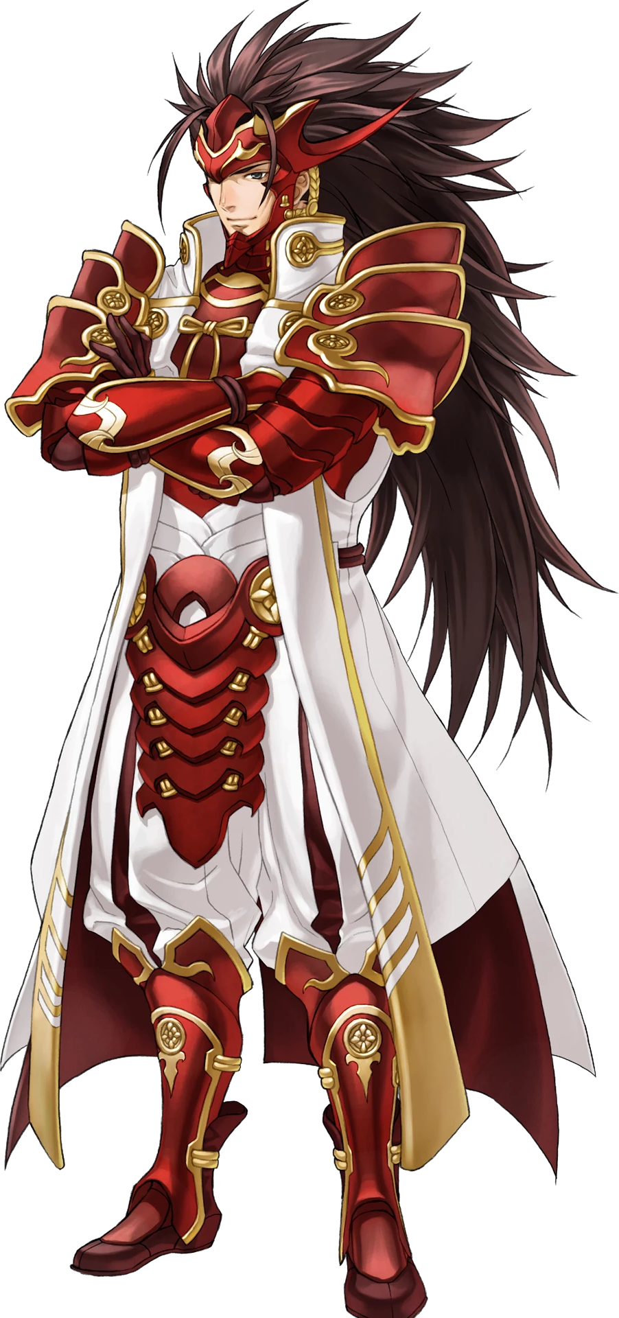1boy armor armored_boots boots brown_hair company_name fire_emblem fire_emblem_heroes fire_emblem_if full_body gloves grey_eyes highres kita_senri long_hair long_image male_focus mask official_art pants red_armor ryouma_(fire_emblem_if) simple_background solo spiky_hair tall_image very_long_hair white_background white_pants