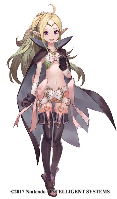 1girl belt cape company_connection copyright_name fire_emblem fire_emblem:_kakusei fire_emblem_heroes full_body gloves green_hair jewelry lack midriff navel nowi_(fire_emblem) official_art open_mouth pink_legwear pointy_ears ponytail shorts simple_background smile solo standing thigh-highs tiara violet_eyes white_background