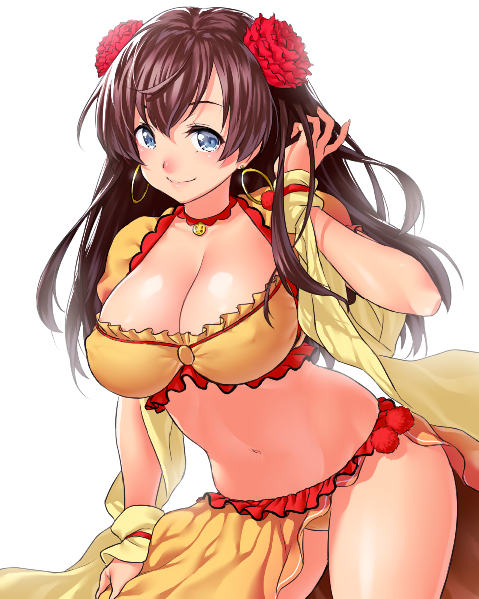 1girl blue_eyes blush breasts brown_hair cleavage earrings fate/grand_order fate_(series) flower hair_flower hair_ornament highres hoop_earrings jewelry large_breasts long_hair looking_at_viewer mata_hari_(fate/grand_order) midriff navel onsoku_maru simple_background smile white_background