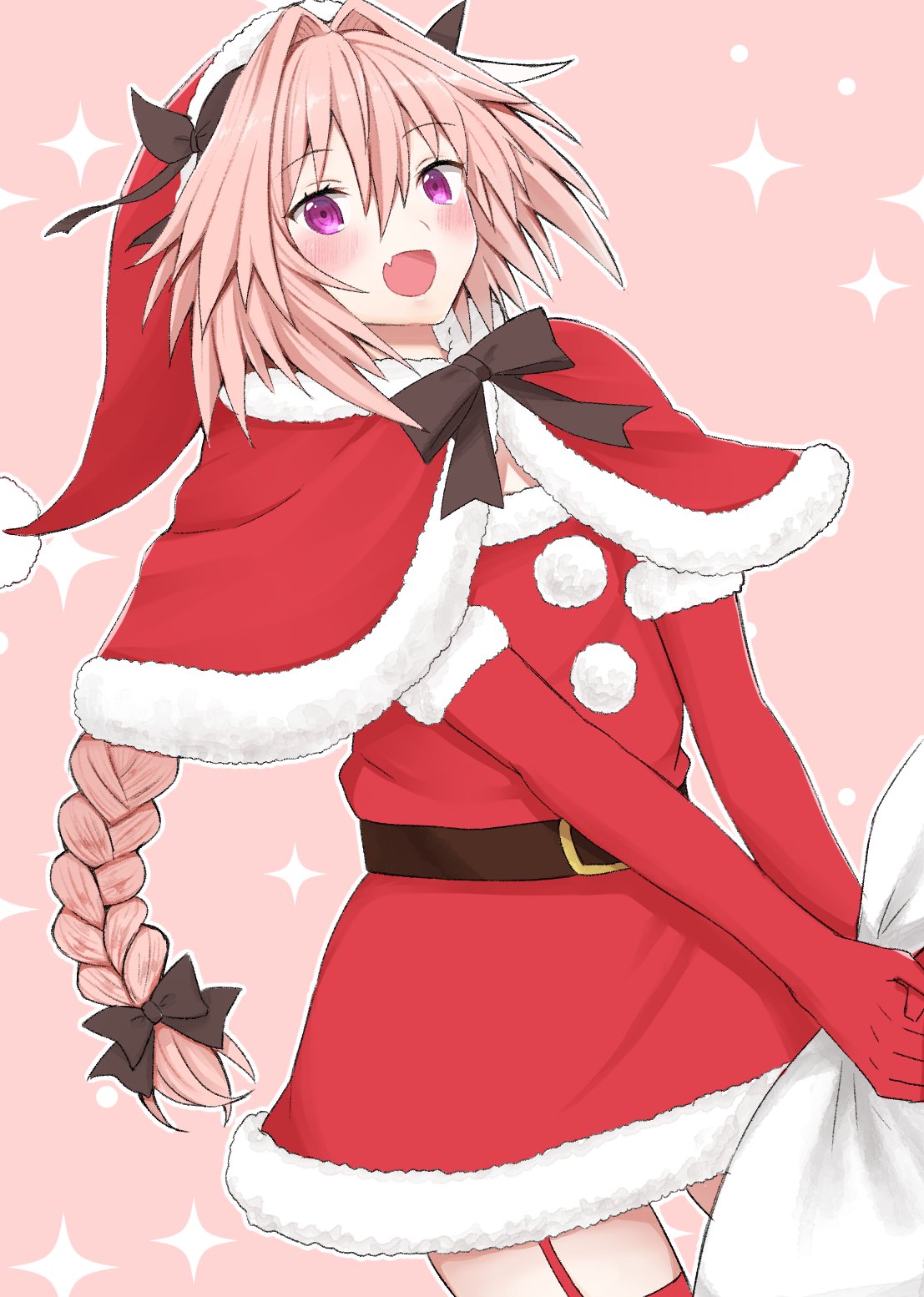 1boy bangs belt black_ribbon blush braid capelet dress elbow_gloves eyebrows_visible_through_hair fang fate/apocrypha fate_(series) fur-trimmed_gloves fur_trim garter_straps gloves hair_between_eyes hair_ribbon hat highres holding ito_(silk9f) long_hair looking_at_viewer open_mouth pink_background pink_hair red_dress red_gloves red_legwear ribbon rider_of_black sack santa_costume santa_hat simple_background single_braid smile solo sparkle thigh-highs tress_ribbon violet_eyes