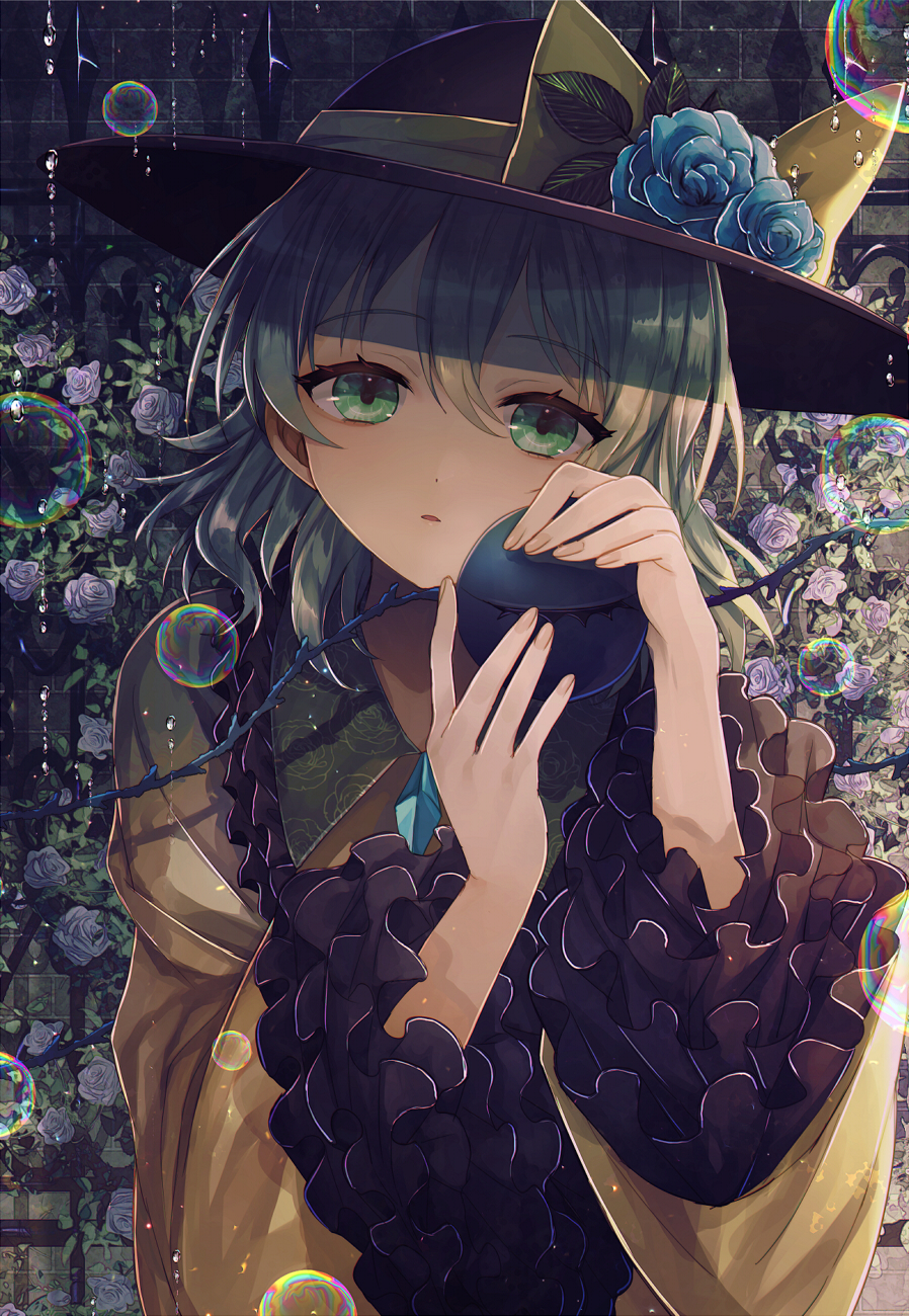 1girl abandon_ranka black_hat blouse blue_flower blue_rose bow bubble collar floral_background flower frilled_collar frilled_sleeves frills green_eyes green_hair hair_between_eyes hat hat_bow hat_flower hat_leaf highres komeiji_koishi long_sleeves looking_at_viewer rose solo third_eye touhou upper_body wide_sleeves yellow_blouse yellow_bow