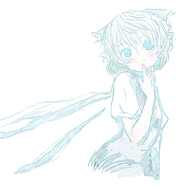 1girl blush bow cirno eyebrows eyelashes frills hair_between_eyes hair_bow hair_ornament hand_on_own_chin hatching_(texture) ice ice_wings looking_up motsuni_(artist) partially_colored puffy_short_sleeves puffy_sleeves sanpaku short_hair short_sleeves simple_background sketch smile solo thinking touhou upper_body white_background wings