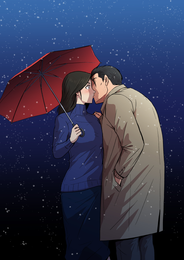 1boy 1girl black_hair blush facial_hair gotou_kiichi gradient gradient_background hand_in_pocket hand_on_shoulder hetero kidou_keisatsu_patlabor kiss long_hair nagumo_shinobu night profile short_hair skirt snow snowing stubble surprised sweater trench_coat turtleneck turtleneck_sweater uchiyan-uchizum umbrella