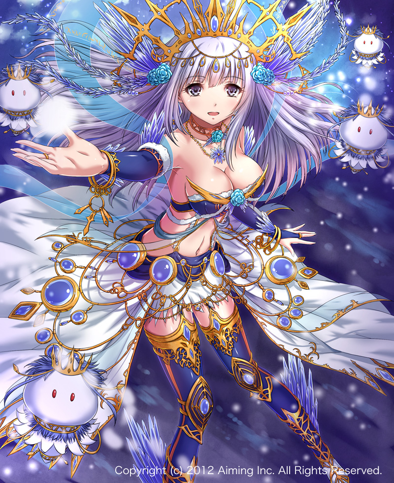 1girl arm_warmers bad_anatomy bare_shoulders blue_legwear bracelet breasts chaki-yam choker cleavage creature crown fantasy full_body grey_eyes hair_ornament headpiece jewelry large_breasts long_hair looking_at_viewer lord_of_knights midriff navel necklace official_art open_mouth outstretched_arm ring silver_hair skirt standing thigh-highs watermark white_skirt