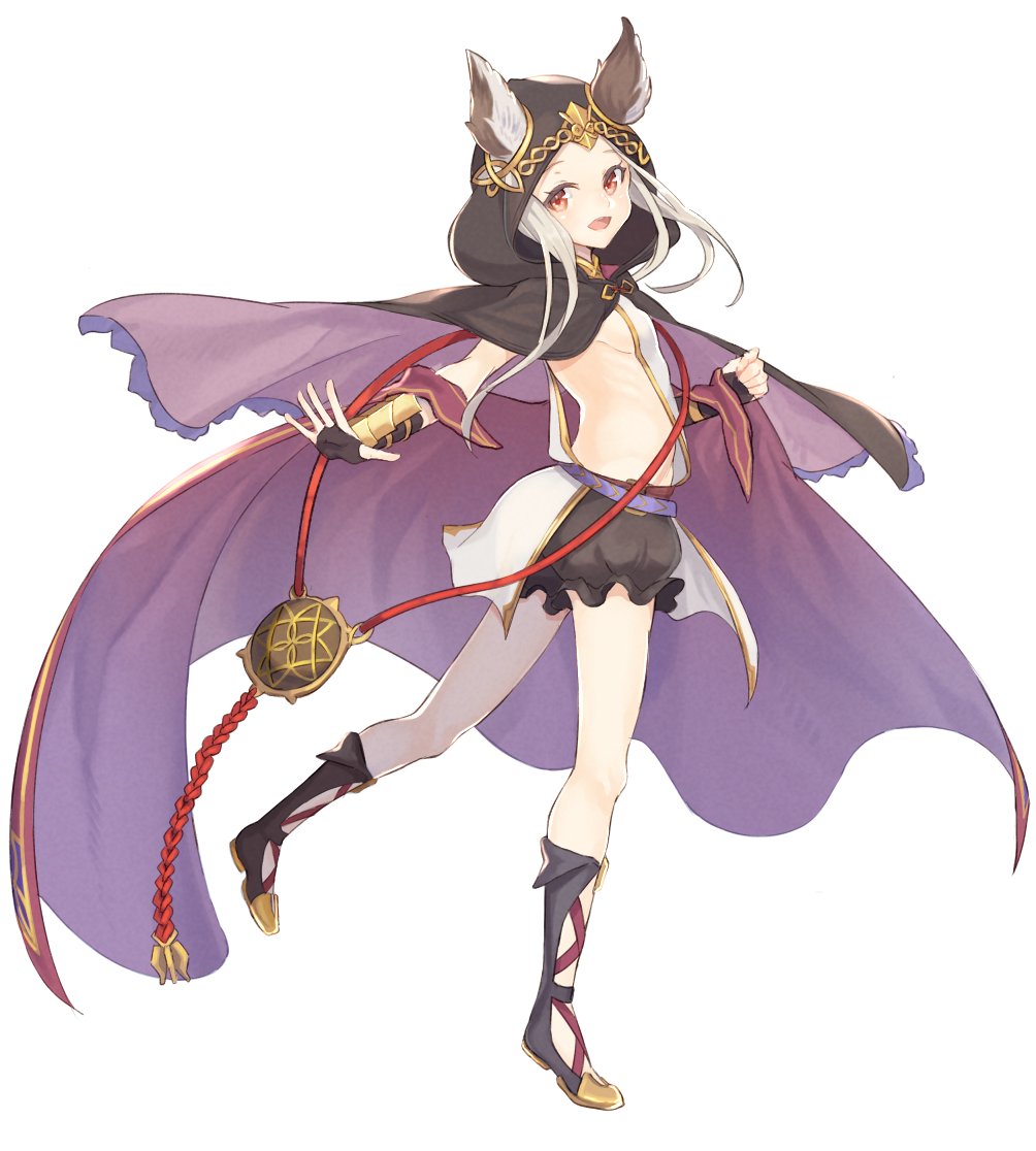 1girl animal_ears boots breasts cloak cross-laced_footwear dress fingerless_gloves from_side full_body gauntlets gi_(melmail) gloves granblue_fantasy hood hooded_cloak lace-up_boots long_hair looking_at_viewer open_mouth outstretched_arm puffy_shorts red_eyes shorts side_slit sideboob simple_background skasaha_(granblue_fantasy) solo standing standing_on_one_leg white_background white_hair