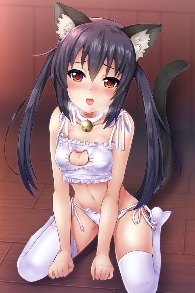 1girl animal_ears arms_at_sides bangs bell bell_choker bell_collar between_breasts birthday black_hair blush bra breasts breath brown_eyes cat_cutout cat_ear_panties cat_ears cat_lingerie cat_tail choker cleavage_cutout collar collarbone food food_between_breasts hair_between_eyes half-closed_eyes heavy_breathing indoors jingle_bell k-on! kneeling long_hair looking_at_viewer medium_breasts nakano_azusa no_shoes panties parted_lips pocky pocky_day samoore side-tie_panties sitting solo tail teeth thigh-highs twintails underwear white_bra white_legwear white_panties wooden_floor