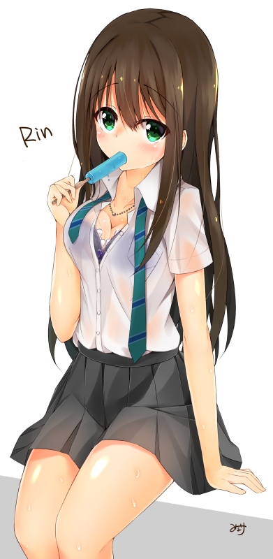 1girl blue_background brown_hair character_name collarbone food green_eyes grey_skirt ice_cream idolmaster idolmaster_cinderella_girls long_hair minari_(minari37) necktie open_clothes open_shirt pleated_skirt shibuya_rin shirt signature simple_background sitting skirt solo white_background white_shirt