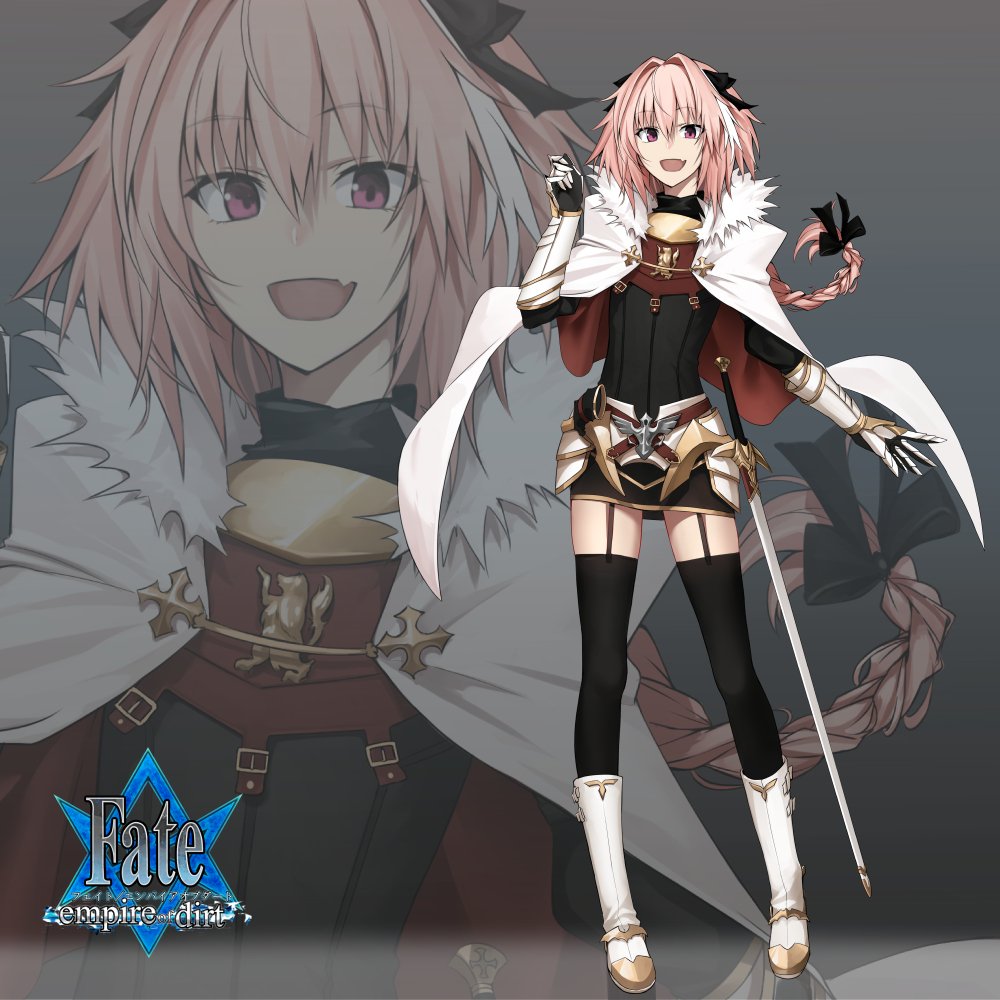1boy armor black_legwear braid cape fang fate/apocrypha fate/empire_of_dirt fate_(series) full_body garter_straps gauntlets hair_ribbon long_hair looking_at_viewer male_focus open_mouth pink_hair ribbon rider_of_black shijiu_(adamhutt) single_braid smile solo thigh-highs translation_request trap violet_eyes zoom_layer