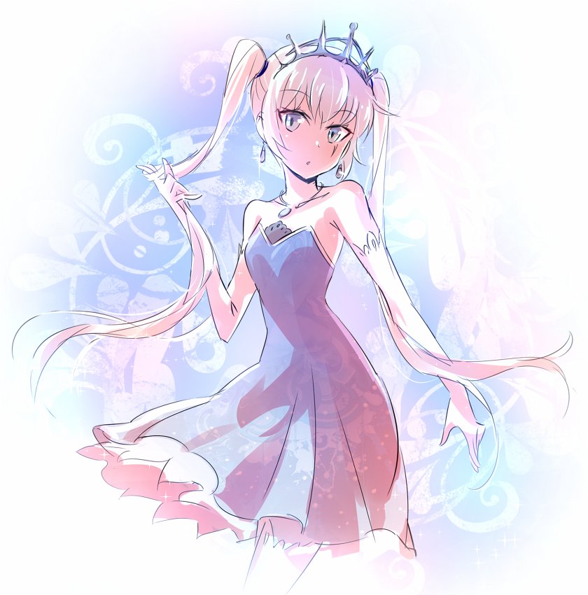 1girl blue_dress blue_eyes commentary dress earrings elbow_gloves eye_scar gloves iesupa jewelry necklace rwby sleeveless sleeveless_dress solo tiara twintails twintails_day weiss_schnee white_hair