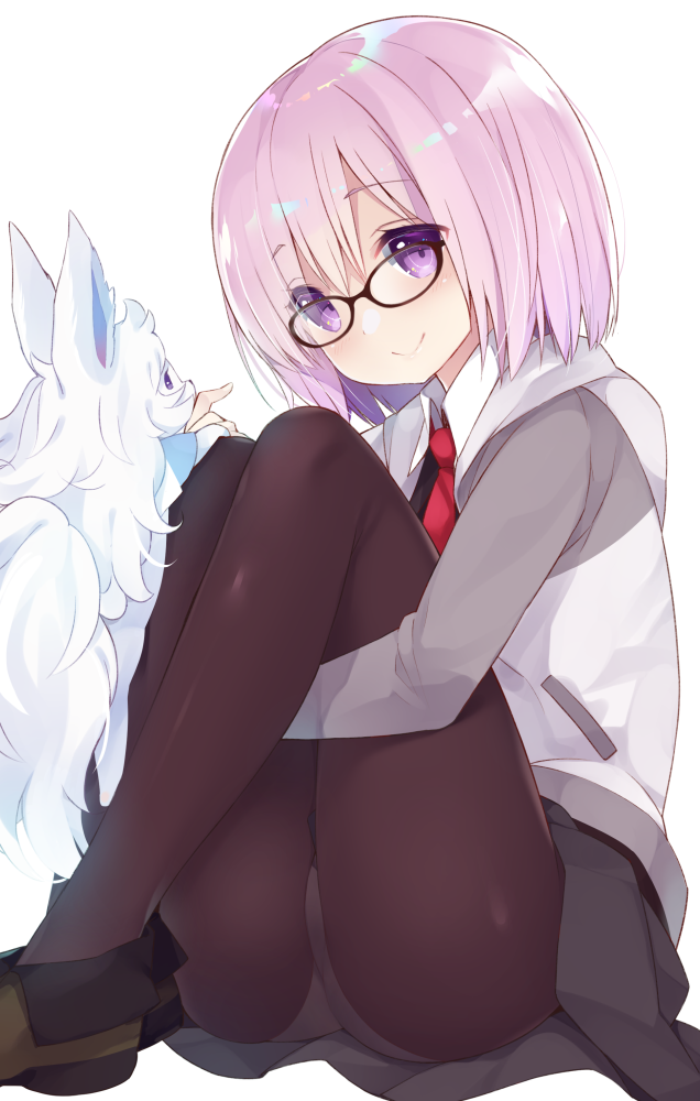 1girl bangs black-framed_eyewear black_legwear blush closed_mouth commentary_request eye_contact eyebrows_visible_through_hair fate/grand_order fate_(series) fou_(fate/grand_order) glasses hair_between_eyes lavender_hair legs_together looking_at_another panties panties_under_pantyhose pantyhose purple_hair shielder_(fate/grand_order) shoes short_hair simple_background smile solo thighs underwear violet_eyes watanohara white_background white_panties