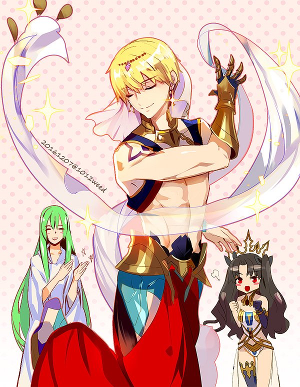 1boy 1girl androgynous arabian_clothes astarone black_hair blonde_hair blush clapping closed_eyes commentary_request cropped_vest earrings enkidu_(fate/strange_fake) fate/grand_order fate_(series) gilgamesh gilgamesh_(caster)_(fate) green_hair ishtar_(fate/grand_order) jewelry long_hair red_eyes sparkle tohsaka_rin toosaka_rin two_side_up