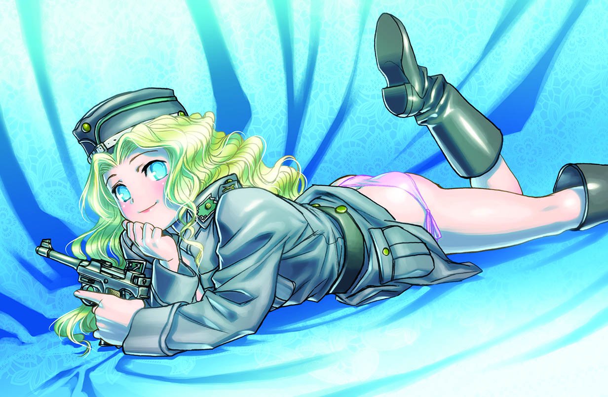 1girl ass blonde_hair blue_eyes blush boots butt_crack chin_rest full_body gun handgun hat hiroe_rei long_hair luger_p08 lying military military_uniform no_pants on_stomach original panties pink_panties pistol side-tie_panties smile solo trefoil trench_coat trigger_discipline underwear uniform wavy_hair weapon