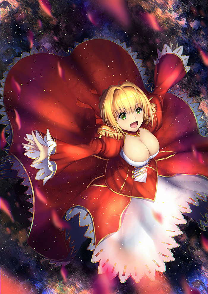 1girl :d ahoge blonde_hair breasts dress epaulettes eyebrows_visible_through_hair fate/extra fate_(series) from_above full_body green_eyes hair_ribbon large_breasts long_sleeves open_mouth outstretched_arms red_dress red_ribbon ribbon saber_extra smile solo sparkle spread_arms xiaosan_ye
