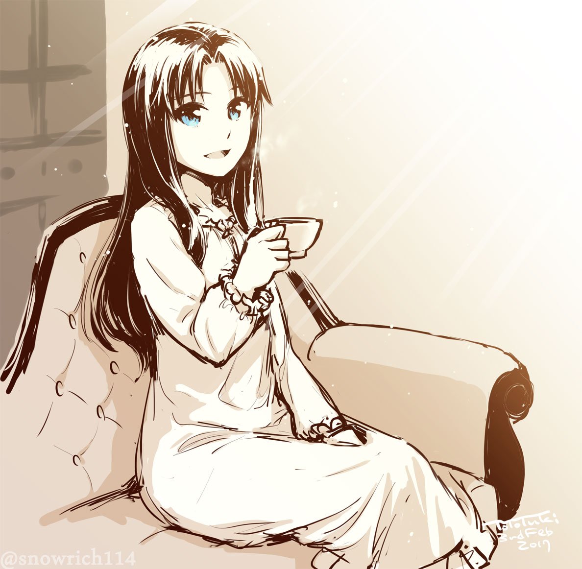 1girl blue_eyes couch cup fate/stay_night fate_(series) greyscale holding looking_at_viewer monochrome sitting smile solo teacup tohsaka_rin toosaka_rin yukako_(toyoyuki)