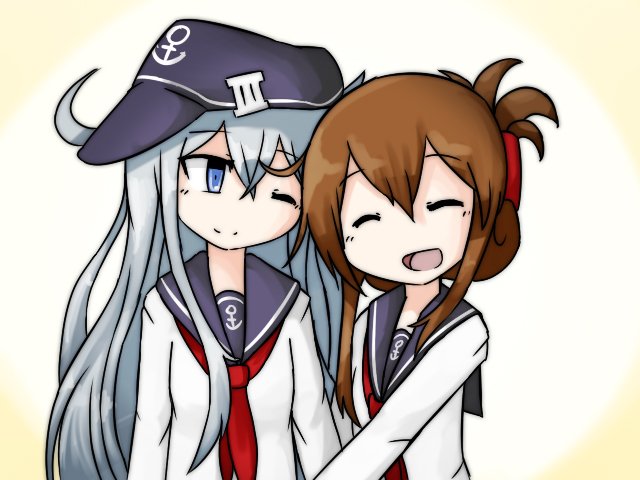 2girls anchor_symbol black_legwear brown_hair flat_cap folded_ponytail hair_ornament hairclip hat hibiki_(kantai_collection) inazuma_(kantai_collection) kantai_collection long_hair multiple_girls neckerchief raythalosm school_uniform serafuku yuri