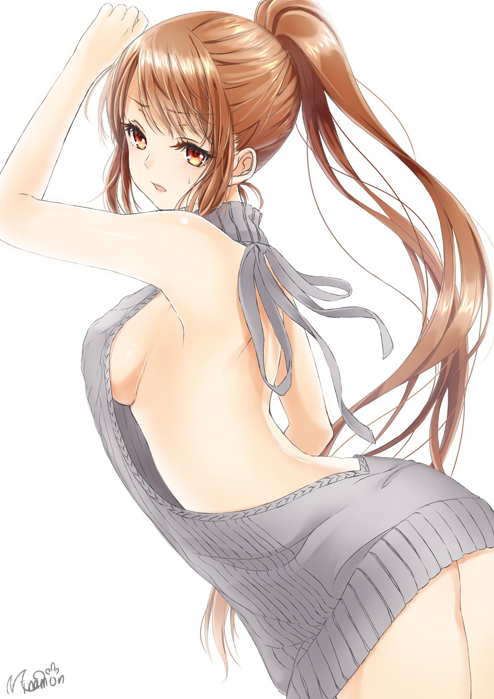 1girl aran_sweater arms_up backless_outfit bangs bare_back bare_shoulders blush breasts brown_eyes brown_hair dress dutch_angle eyebrows_visible_through_hair floating_hair grey_sweater hair_between_eyes halterneck highres large_breasts long_hair looking_at_viewer minamoto naked_sweater open-back_dress original parted_lips ponytail ribbed_sweater sideboob signature simple_background solo sweatdrop sweater sweater_dress swept_bangs turtleneck turtleneck_sweater very_long_hair virgin_killer_sweater white_background