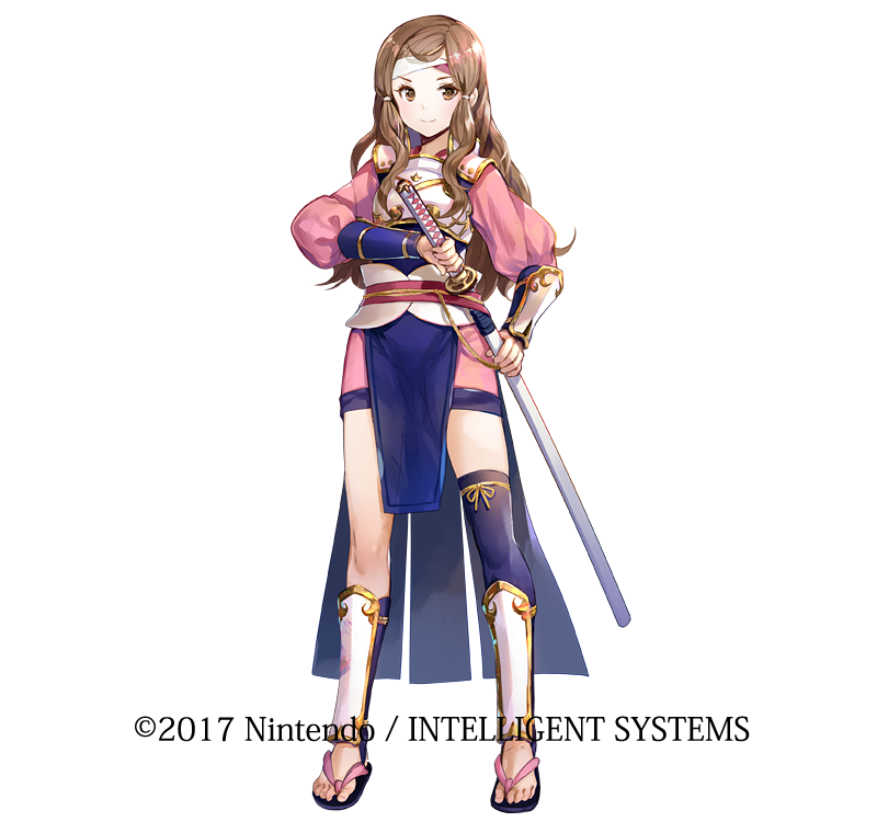 1girl brown_eyes brown_hair company_name fire_emblem fire_emblem_heroes fire_emblem_if fuji_choko full_body headband katana kazahana_(fire_emblem_if) long_hair official_art sandals simple_background solo sword weapon white_background