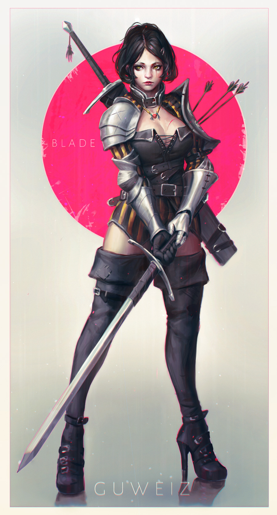 1girl armor arrow_in_armor artist_name behind_back belt belt_buckle black_boots black_hair blood boots breasts buckle cleavage collar fletches full_body gauntlets gradient gradient_background guweiz hair_ornament hairclip high_heel_boots high_heels highres holding holding_sword holding_weapon injury jewelry legs_apart medium_breasts necklace original pauldrons pendant red_lips scar scar_across_eye sheath sheathed short_hair shoulder_pads solo standing sword tassel thigh-highs thigh_boots unsheathed weapon white_border yellow_eyes