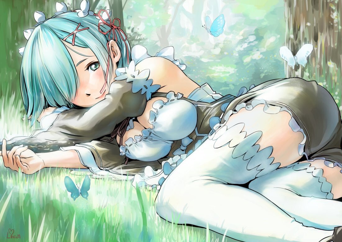 1girl ass bare_shoulders blue_eyes blue_hair blush breasts butterfly cleavage closed_mouth day detached_sleeves forest grass hair_ornament hair_over_one_eye hair_ribbon half-closed_eyes legs light_smile lips looking_at_viewer lying maid maid_headdress medium_breasts nature off_shoulder outdoors pink_lips re:zero_kara_hajimeru_isekai_seikatsu rem rem_(re:zero) ribbon short_hair smile solo thigh-highs thighs white_legwear x_hair_ornament