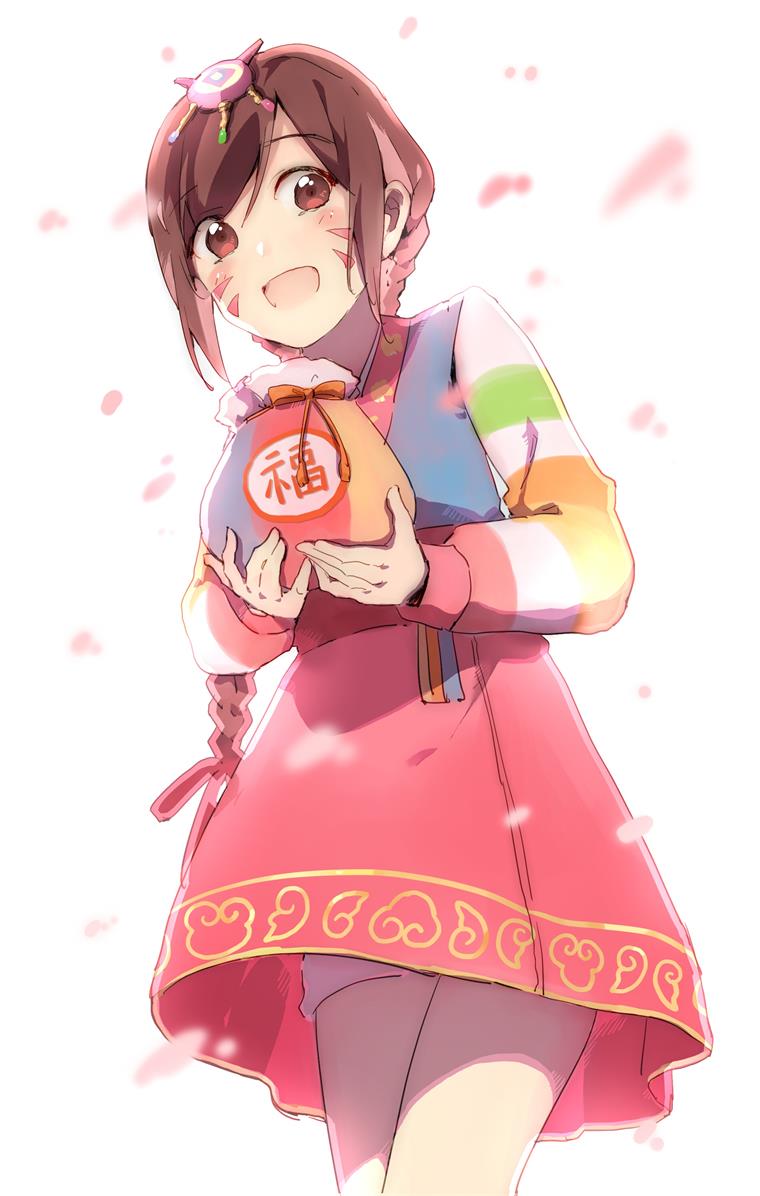 19_0v0 1girl alternate_costume alternate_hairstyle bag bangs blush braid brown_eyes brown_hair bunny_hair_ornament cowboy_shot d.va_(overwatch) facial_mark from_below hair_ornament hanbok happy holding korean_clothes long_hair long_sleeves looking_at_viewer open_mouth overwatch palanquin_d.va petals pink_skirt pouch shorts shorts_under_skirt simple_background skirt smile solo striped_sleeves traditional_clothes upskirt whisker_markings white_background white_shorts