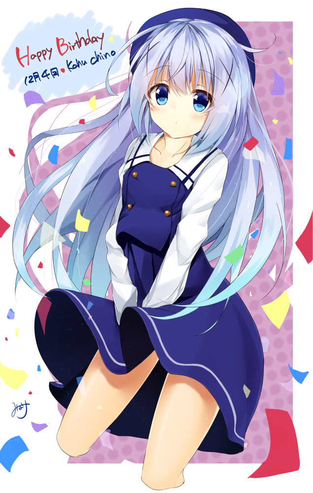 1girl blue_eyes blue_hair blue_skirt character_name collarbone cropped_legs eyebrows_visible_through_hair gochuumon_wa_usagi_desu_ka? happy_birthday kafuu_chino long_hair long_skirt looking_at_viewer minari_(minari37) signature skirt skirt_tug solo standing