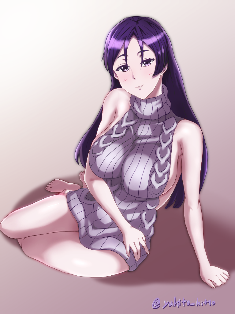 1girl arm_at_side arm_support backless_outfit bare_shoulders barefoot breasts closed_mouth dress fate/grand_order fate_(series) full_body halterneck large_breasts long_hair looking_at_viewer minamoto_no_raikou_(fate/grand_order) naked_sweater no_bra no_panties no_underwear open-back_dress purple_dress purple_hair purple_sweater ribbed_sweater sideboob sitting sleeveless sleeveless_turtleneck smile solo sweater sweater_dress turtleneck turtleneck_sweater twitter_username violet_eyes virgin_killer_sweater yokozuwari yukito_kitto