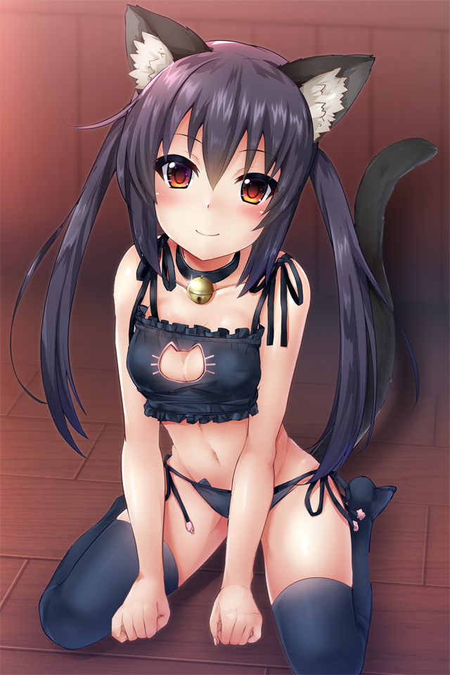 1girl animal_ears arms_at_sides bangs bell bell_choker bell_collar between_breasts birthday black_bra black_hair black_legwear black_panties blush bra breasts brown_eyes cat_cutout cat_ear_panties cat_ears cat_lingerie cat_tail choker cleavage_cutout closed_mouth collar collarbone food food_between_breasts hair_between_eyes half-closed_eyes indoors jingle_bell k-on! kneeling long_hair looking_at_viewer medium_breasts nakano_azusa no_shoes panties pocky pocky_day samoore side-tie_panties sitting smile solo tail thigh-highs twintails underwear wooden_floor