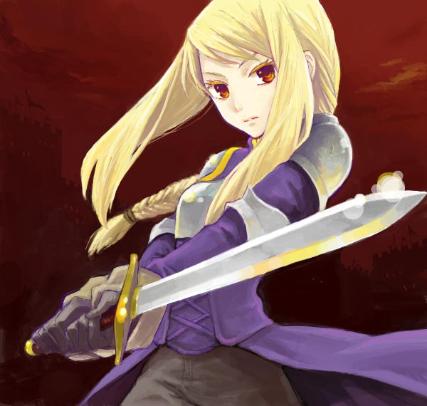 1girl agrias_oaks armor blonde_hair braid breasts brown_eyes final_fantasy final_fantasy_tactics gloves knight long_hair saikachi_(ogre_tree) single_braid solo sword weapon