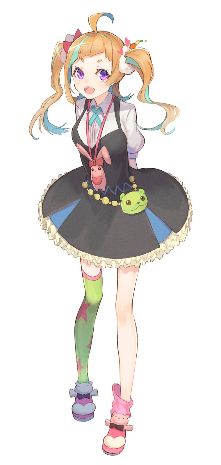 1girl ahoge arms_behind_back asymmetrical_legwear blue_hair boots bow brown_hair dress frilled_dress frills full_body gi_(melmail) green_legwear hair_bow highres kiznaiver looking_at_viewer multicolored_hair niiyama_nico open_mouth puffy_short_sleeves puffy_sleeves short_sleeves simple_background single_thighhigh solo standing star star_print stuffed_animal stuffed_toy thigh-highs twintails violet_eyes white_background