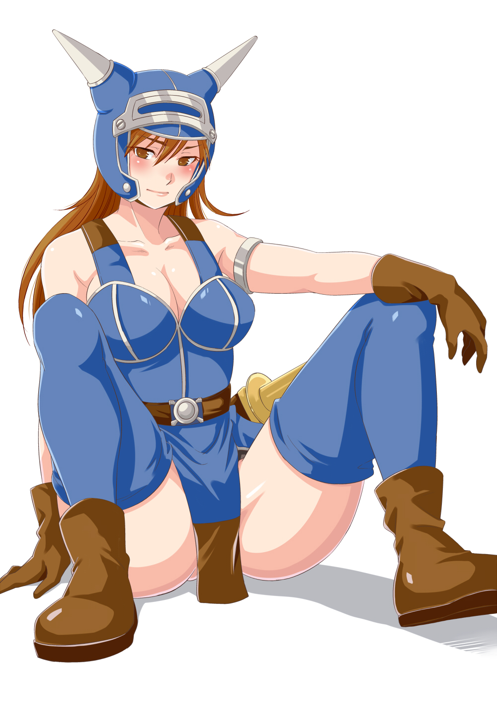 1girl armlet armor bare_shoulders belt boots breasts brown_boots brown_eyes brown_gloves brown_hair daisy_(dq) dragon_quest dragon_quest_yuusha_abel_densetsu gloves helmet highres horned_helmet kumikouj long_hair simple_background solo