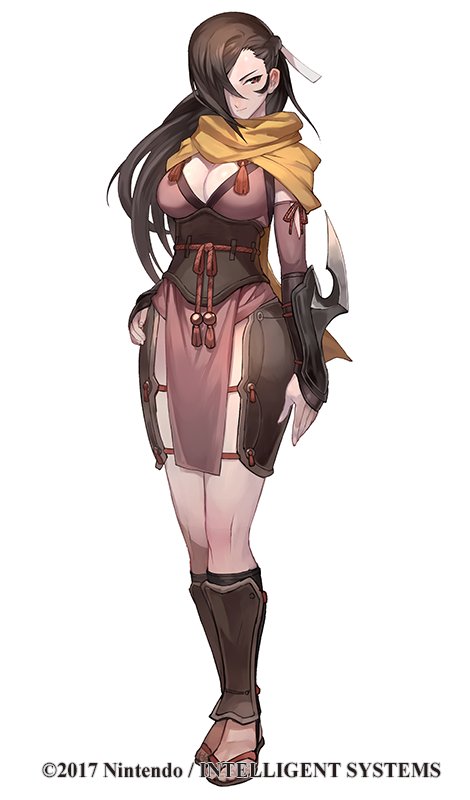 1girl breasts brown_eyes brown_hair cleavage company_name fire_emblem fire_emblem_heroes fire_emblem_if full_body hair_over_one_eye kagerou_(fire_emblem_if) lack large_breasts long_hair official_art ponytail sandals scarf simple_background solo white_background